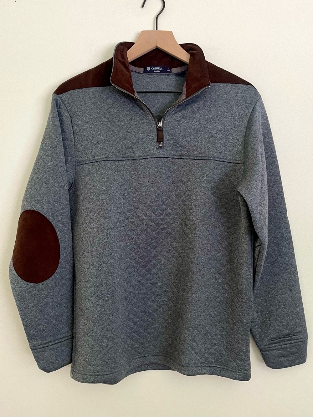 Daniel Cremieux Men's Gray Quarter-Zip Sweater with Brown Shoulder and Elbow